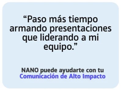 Spanish quote about spending more time on presentations than leading, with NANO communication coaching offer below
