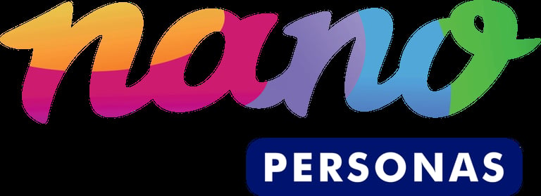 Nano Personas logo with colorful gradient letters and dark blue rectangular banner
